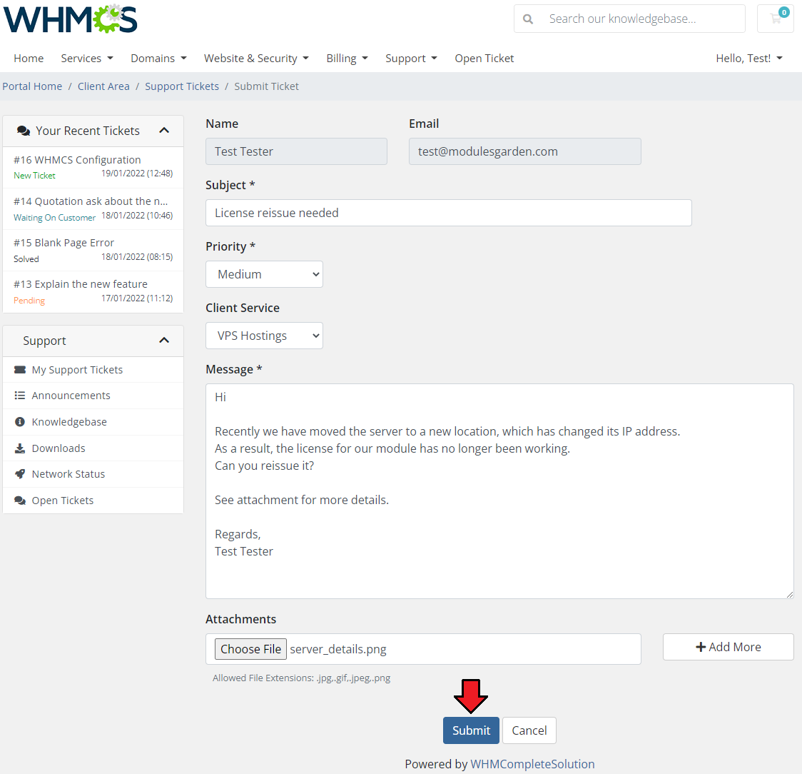 Freshdesk For WHMCS: WHMCS client area Submit Ticket form filled in with the Submit button marked with an arrow