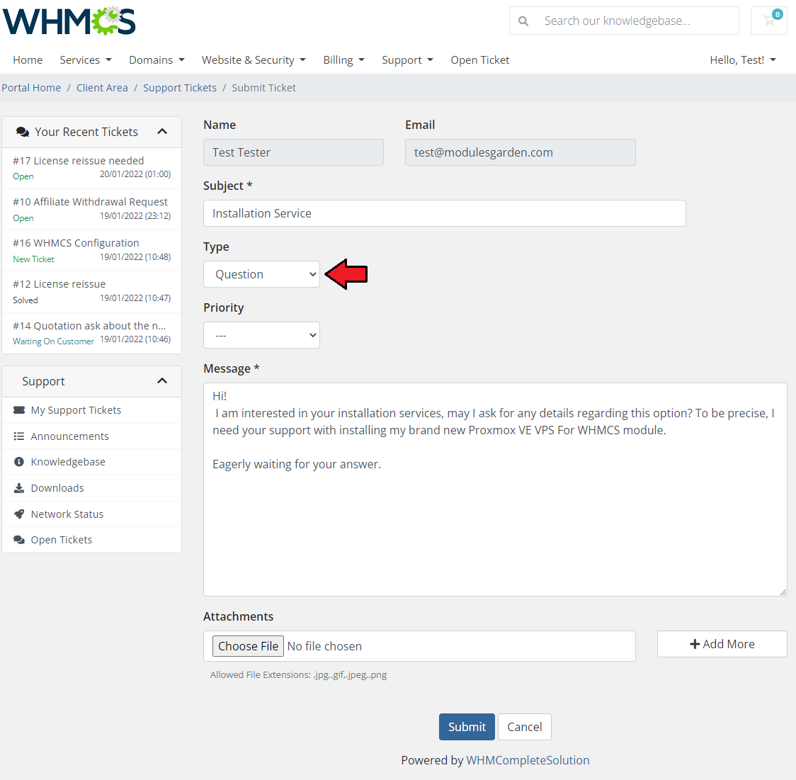 Freshdesk For WHMCS: WHMCS client area Submit Ticket form with the custom Type dropdown field marked with an arrow