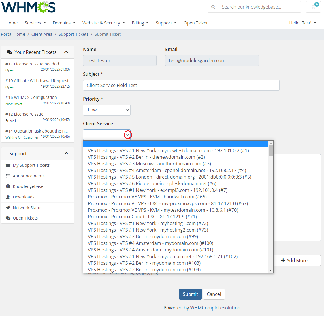 Freshdesk For WHMCS: WHMCS client area Submit Ticket form with the Client Service dropdown listing the client's services