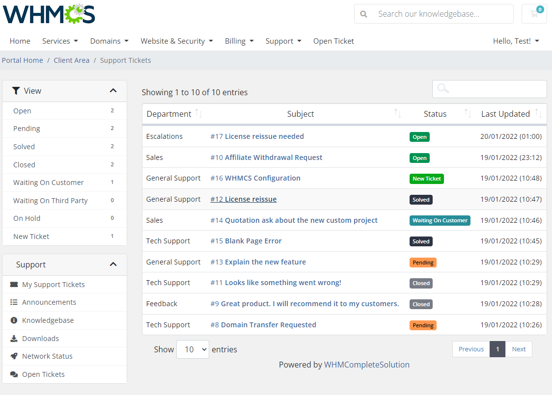 Freshdesk For WHMCS: the WHMCS client area Support Tickets list with departments, subjects and colored statuses