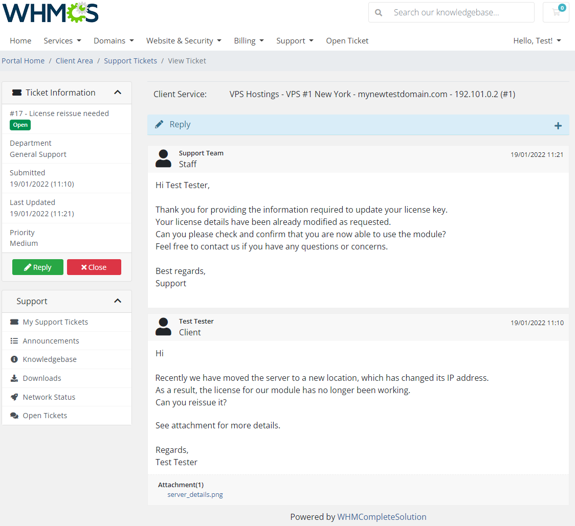 Freshdesk For WHMCS: WHMCS client area View Ticket page showing the support team reply and updated ticket status