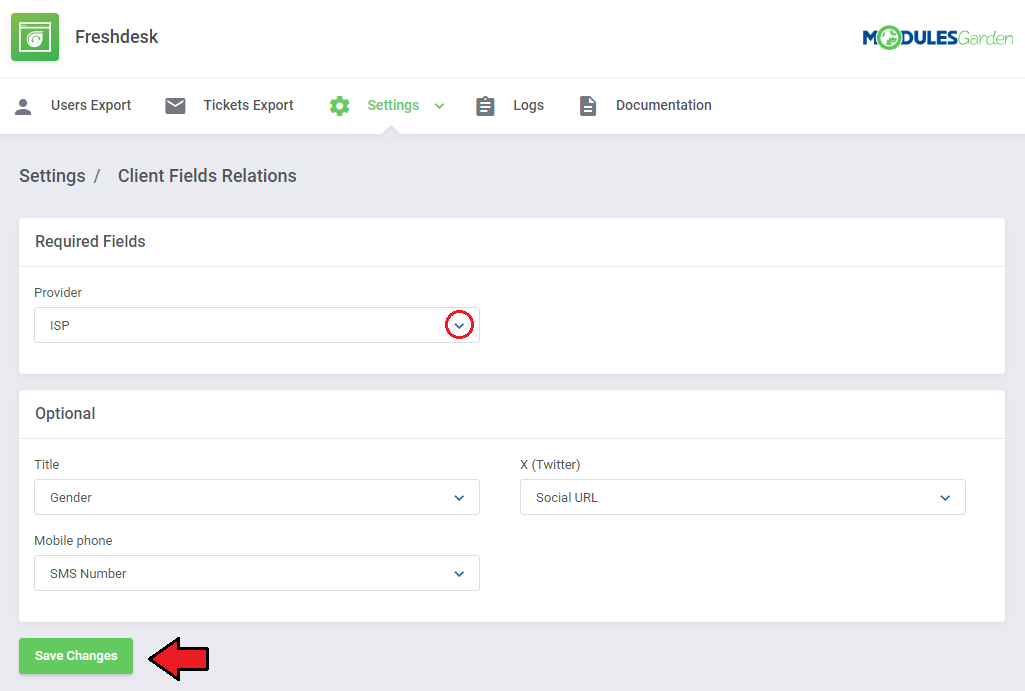 Freshdesk For WHMCS: Client Fields Relations settings with required and optional field dropdowns and Save Changes