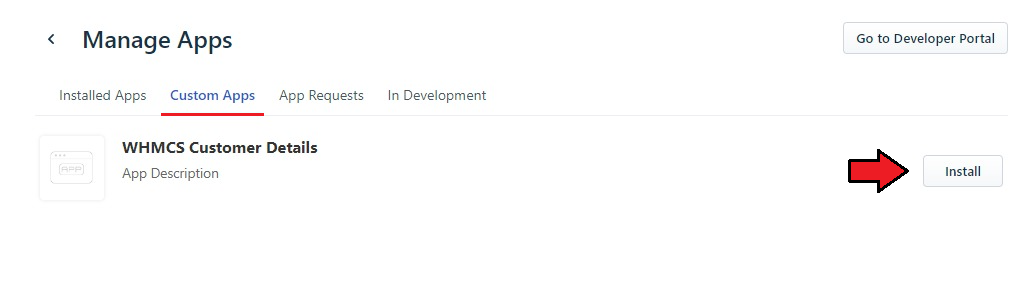 Freshdesk For WHMCS: the Freshdesk Manage Apps page on the Custom Apps tab with the Install button for the widget app