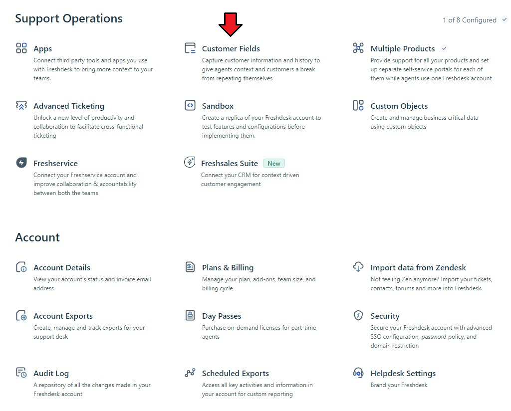 Freshdesk For WHMCS: the Freshdesk Admin page with Support Operations and the Customer Fields option pointed out