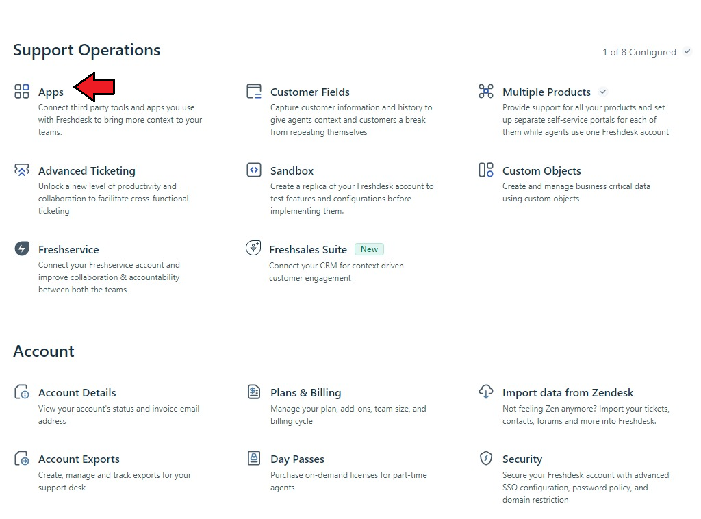 Freshdesk For WHMCS: the Freshdesk Admin page with Support Operations and the Apps option pointed out
