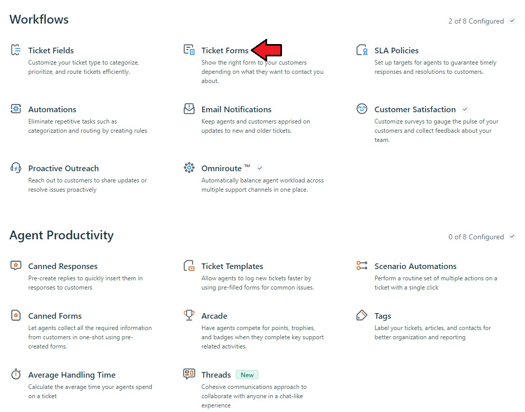 Freshdesk For WHMCS: Freshdesk Admin Workflows page with an arrow pointing to the Ticket Forms option