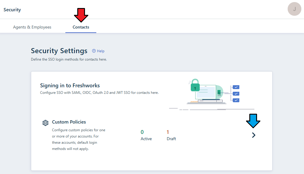 Freshdesk For WHMCS: Freshdesk Security Settings Contacts tab with the Custom Policies section marked with arrows