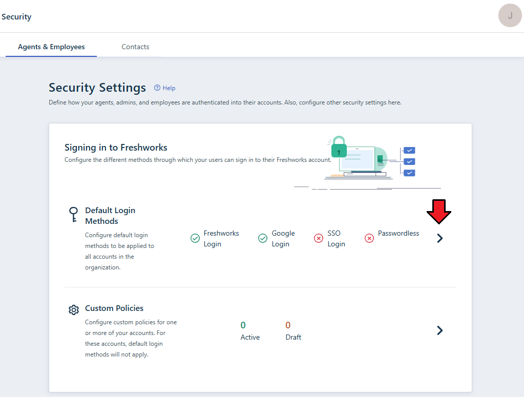 Freshdesk For WHMCS: Freshdesk Security Settings page with an arrow pointing at the Default Login Methods section