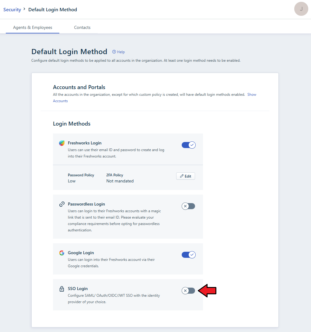 Freshdesk For WHMCS: Freshdesk Default Login Method page with the SSO Login toggle marked with an arrow