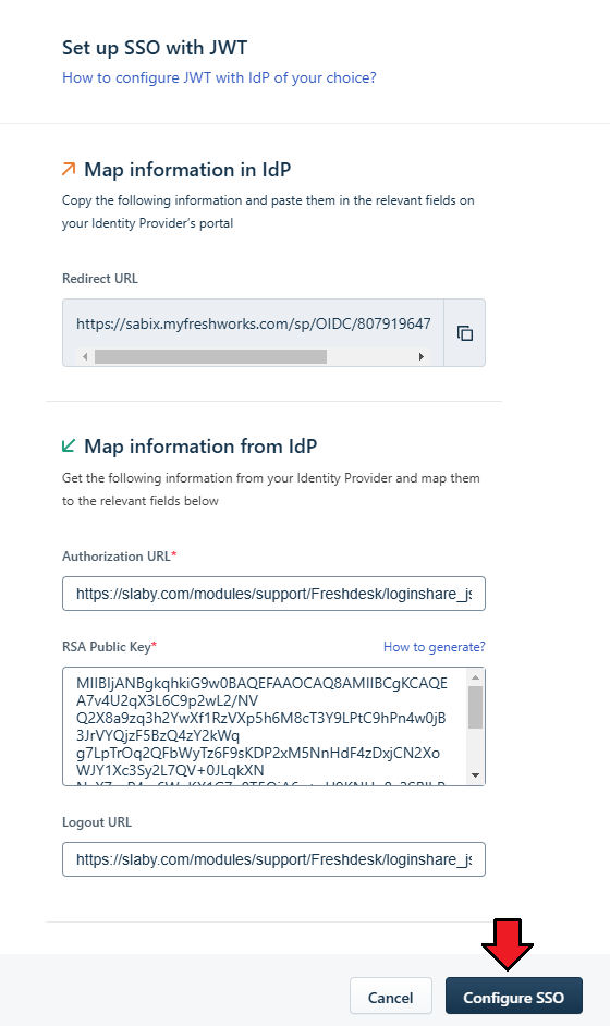 Freshdesk For WHMCS: Freshdesk Set up SSO with JWT form with Authorization URL, RSA Public Key and Logout URL fields