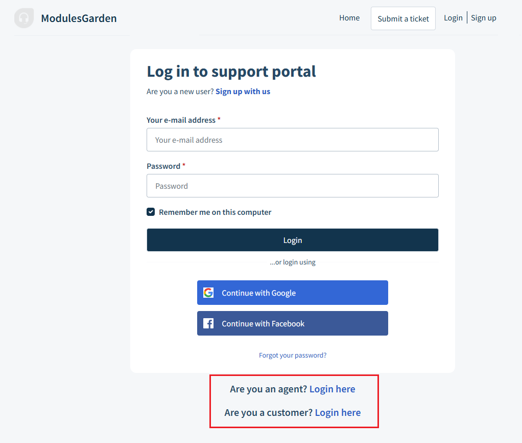 Freshdesk For WHMCS: Freshdesk support portal login page with the agent and customer login here links marked in red