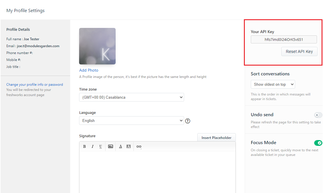 Freshdesk For WHMCS: the Freshdesk My Profile Settings page with the Your API Key field and Reset API Key button