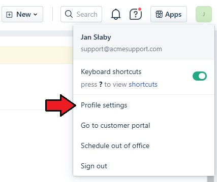 Freshdesk For WHMCS: the Freshdesk profile menu opened from the top right corner with Profile settings highlighted