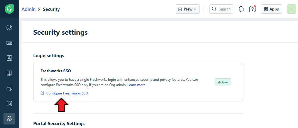 Freshdesk For WHMCS: Freshdesk Admin Security settings with the Freshworks SSO box and Configure link marked