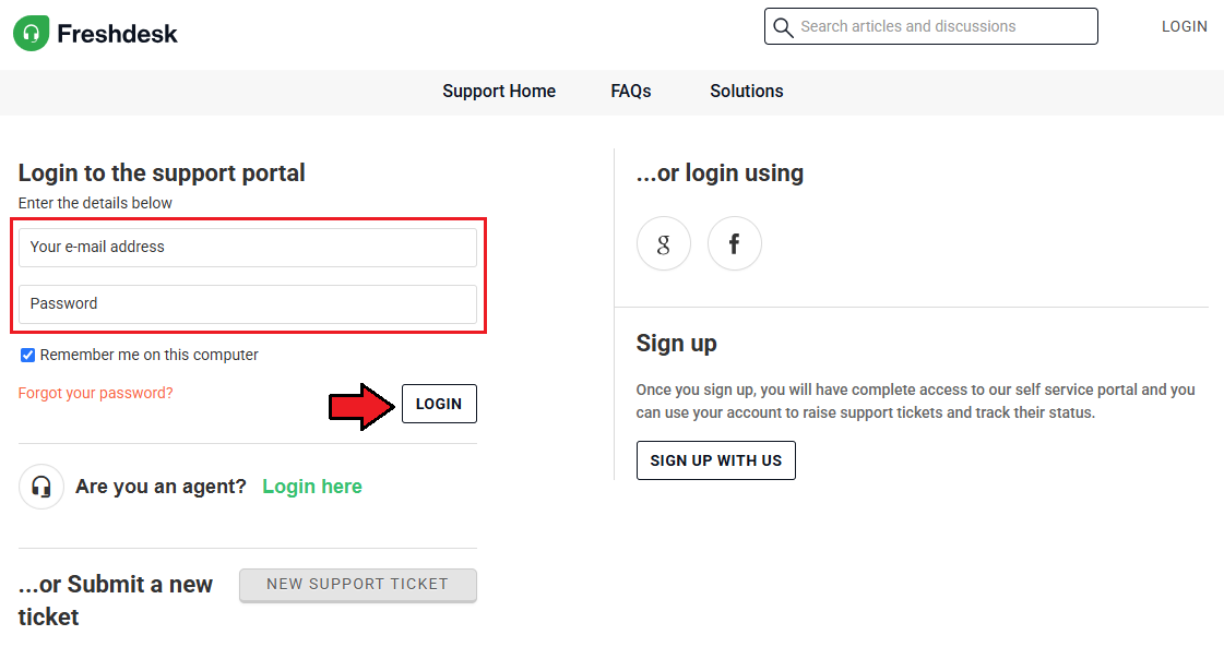 Freshdesk For WHMCS: the Freshdesk support portal login form with e-mail address and password fields