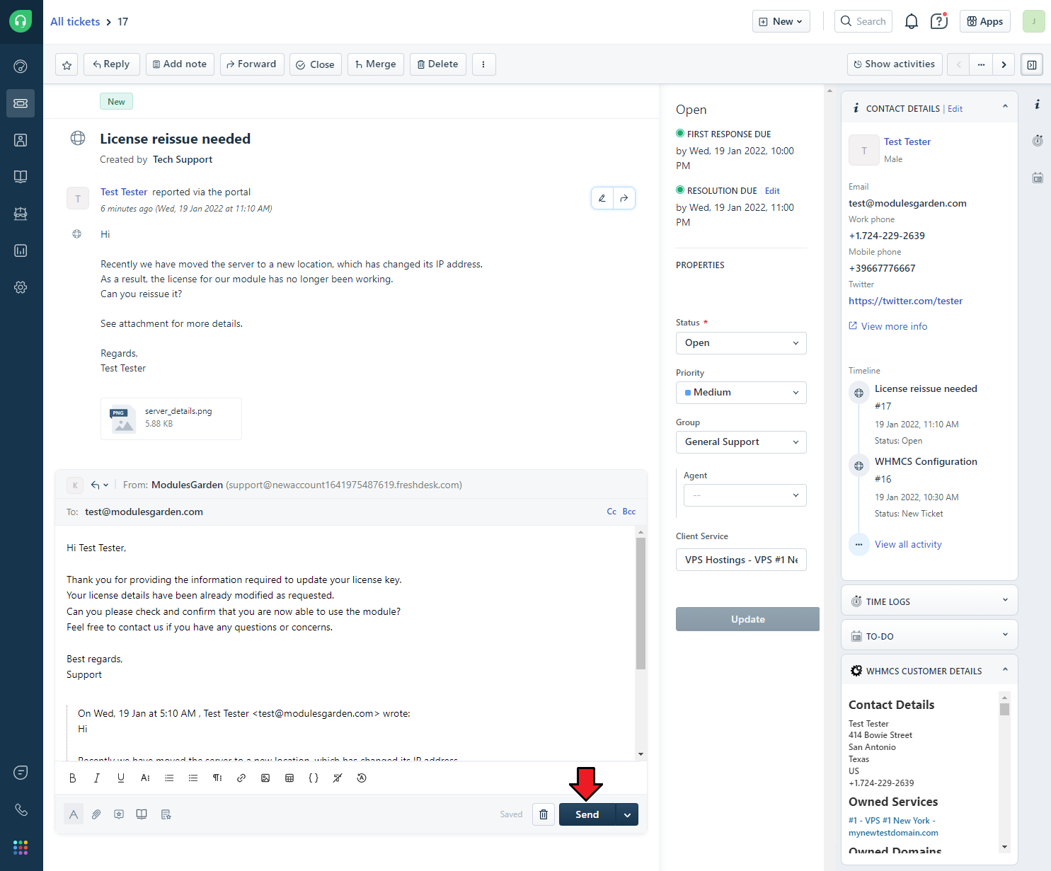 Freshdesk For WHMCS: Freshdesk admin ticket view with the reply editor and the Send button marked with an arrow