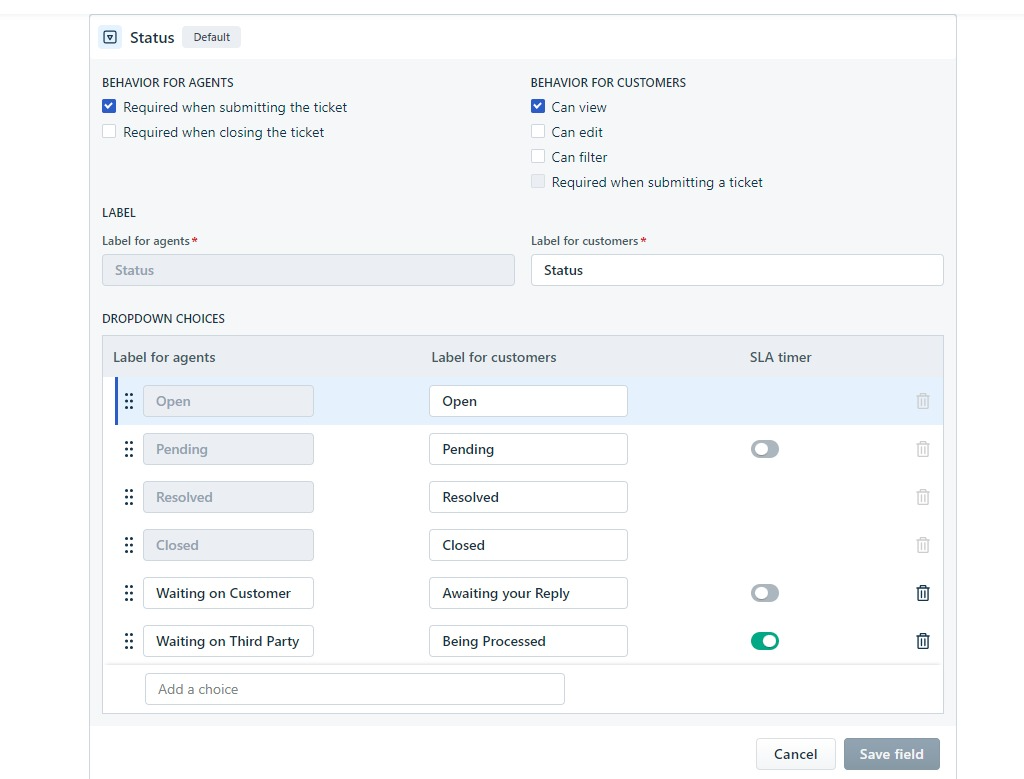 Freshdesk For WHMCS: Freshdesk Status ticket field editor with dropdown choices for agents and customers and SLA timer