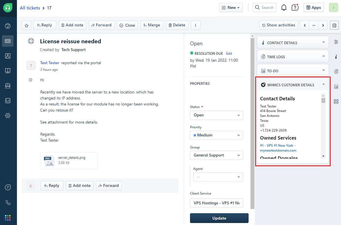 Freshdesk For WHMCS: a Freshdesk ticket view with the WHMCS Customer Details widget showing contact details and services