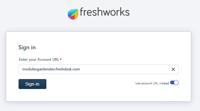 Freshdesk For WHMCS: the Freshworks developer portal sign in page with the Account URL field filled in