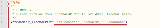 Freshdesk For WHMCS: the license.php file opened in an editor with the license key entered between quotation marks