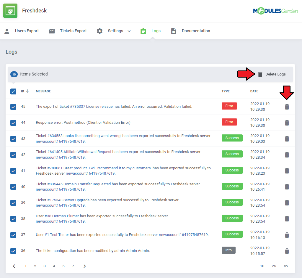Freshdesk For WHMCS: Logs tab with all entries selected, the Delete Logs mass action and a bin icon marked