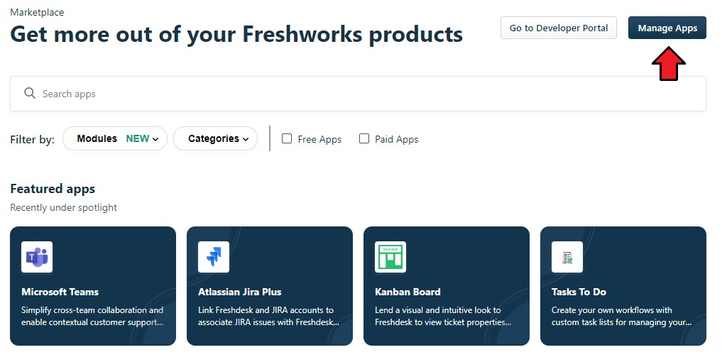 Freshdesk For WHMCS: the Freshdesk apps Marketplace page with the Manage Apps button in the top right corner