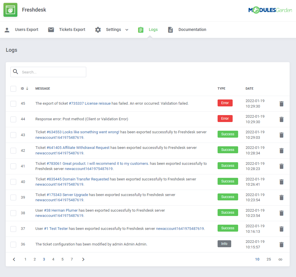 Freshdesk For WHMCS: Logs tab of the module with a table of success, error and info entries, types and dates