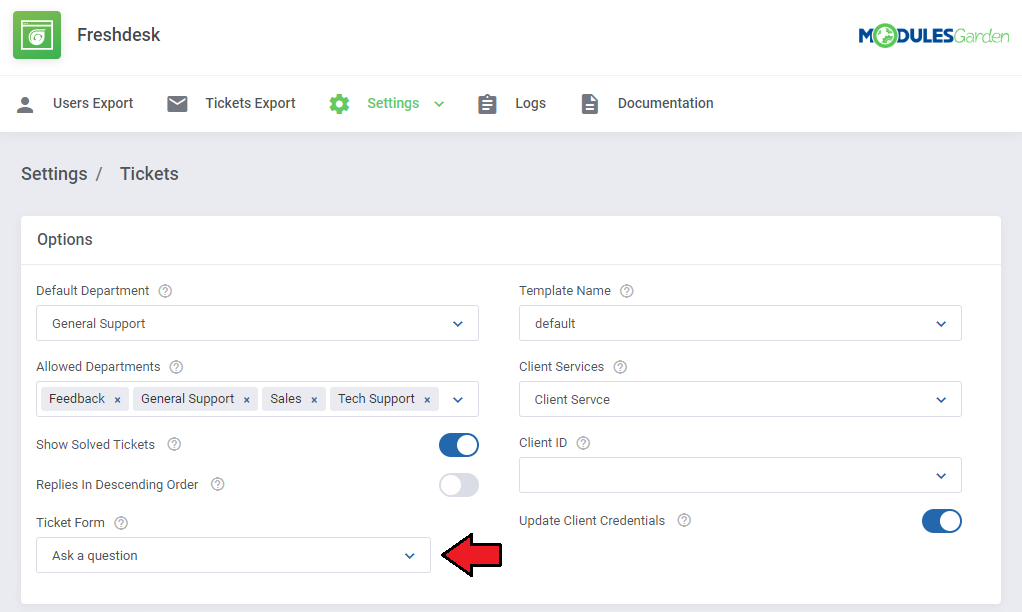 Freshdesk For WHMCS: Ticket settings tab with the Ticket Form dropdown selected and the other ticket options