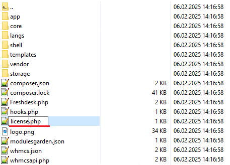 Freshdesk For WHMCS: the module addon folder in a file manager with licenseRENAME.php being renamed to license.php