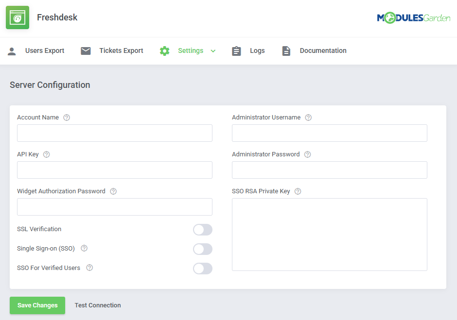 Freshdesk For WHMCS: the module Server Configuration form in WHMCS with account name, API key and SSO fields