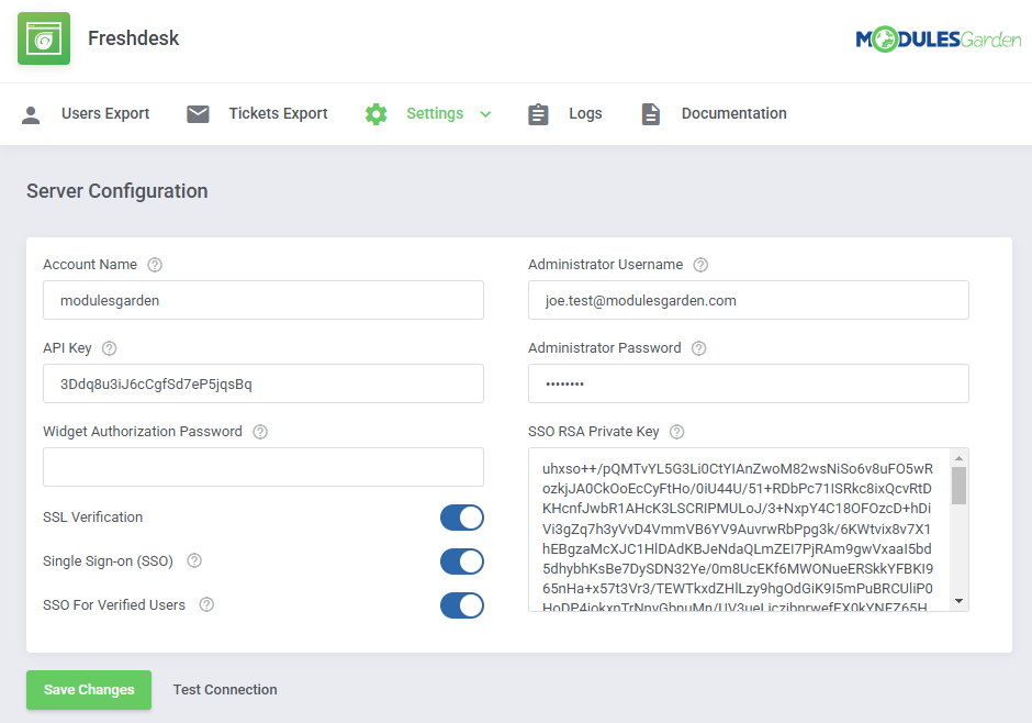Freshdesk For WHMCS: the filled Server Configuration form with SSO enabled and the Save Changes and Test Connection