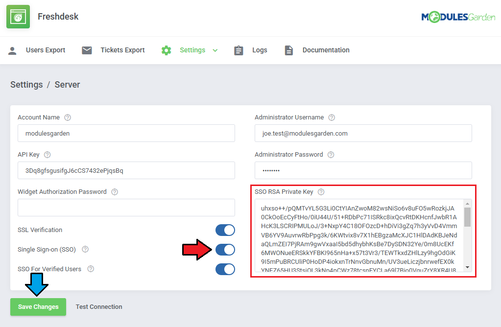Freshdesk For WHMCS: Server settings with the SSO RSA Private Key field, the Single Sign-on toggle and Save Changes