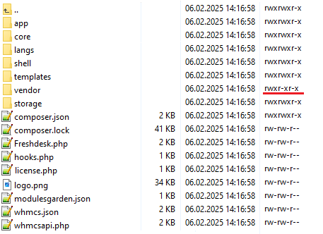 Freshdesk For WHMCS: the module folder in a file manager with the storage folder permissions set to writable