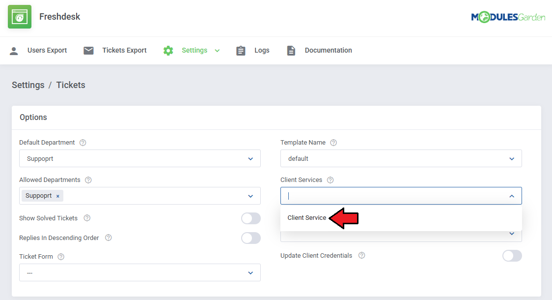 Freshdesk For WHMCS: Ticket settings in the module with the Client Services dropdown list open and one option marked