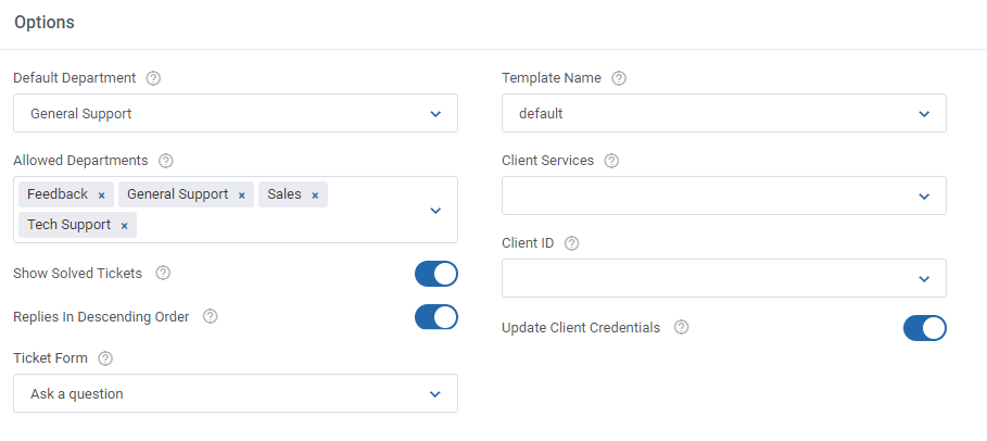 Freshdesk For WHMCS: the Options section of the Tickets settings with departments, ticket form and display toggles