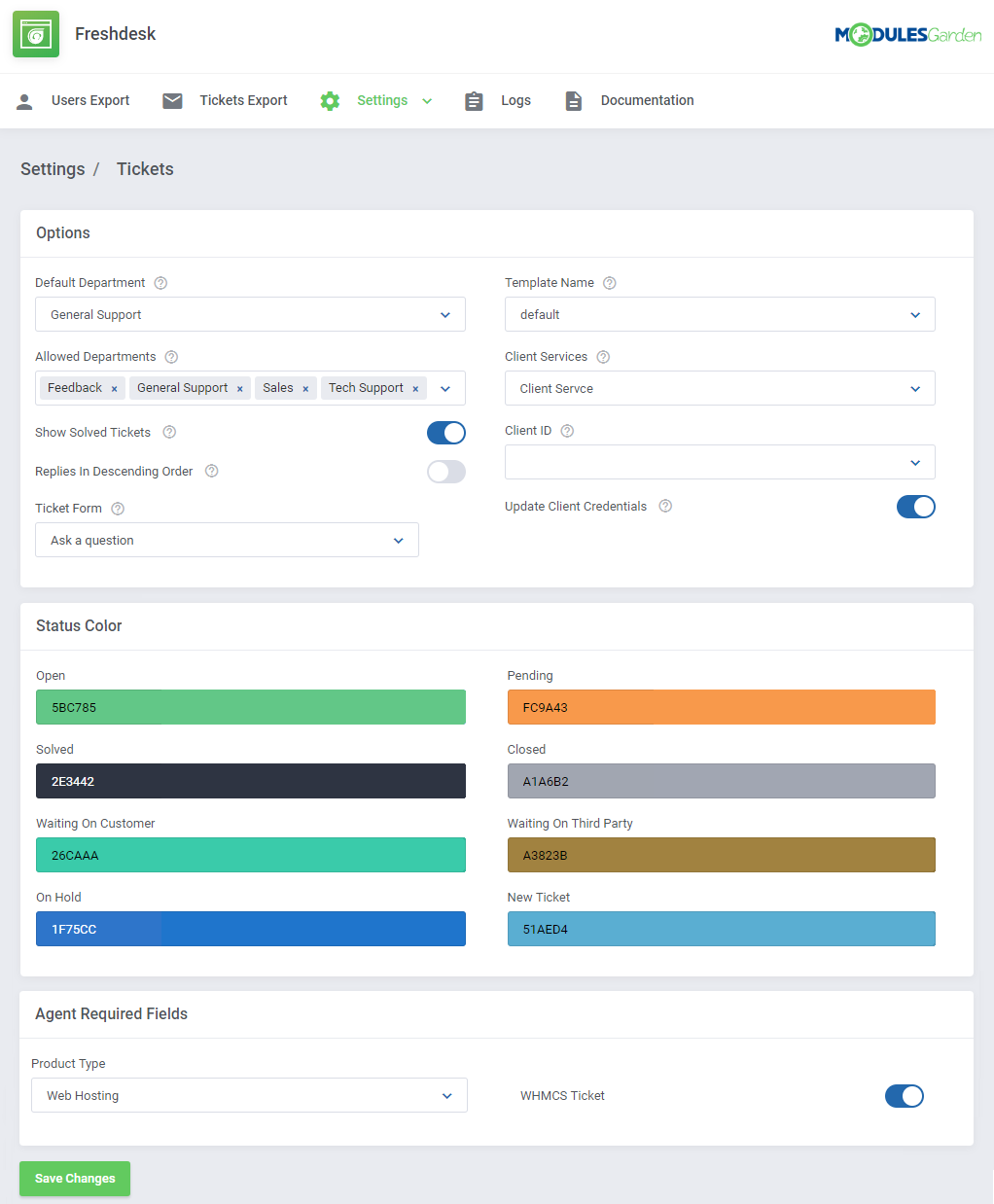 Freshdesk For WHMCS: the module Settings Tickets page with Options, Status Color and Agent Required Fields sections