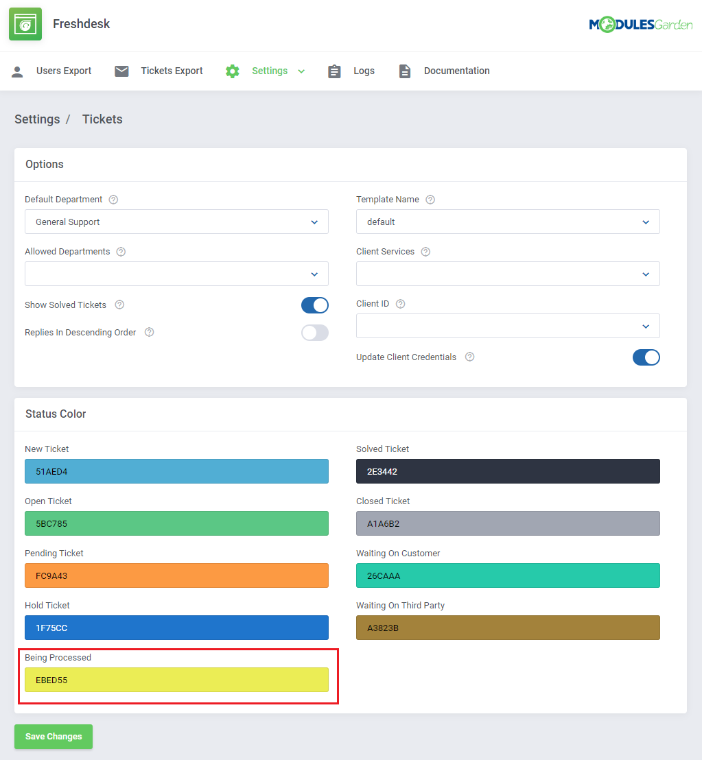 Freshdesk For WHMCS: Ticket settings with the Status Color section and the custom Being Processed status colour marked