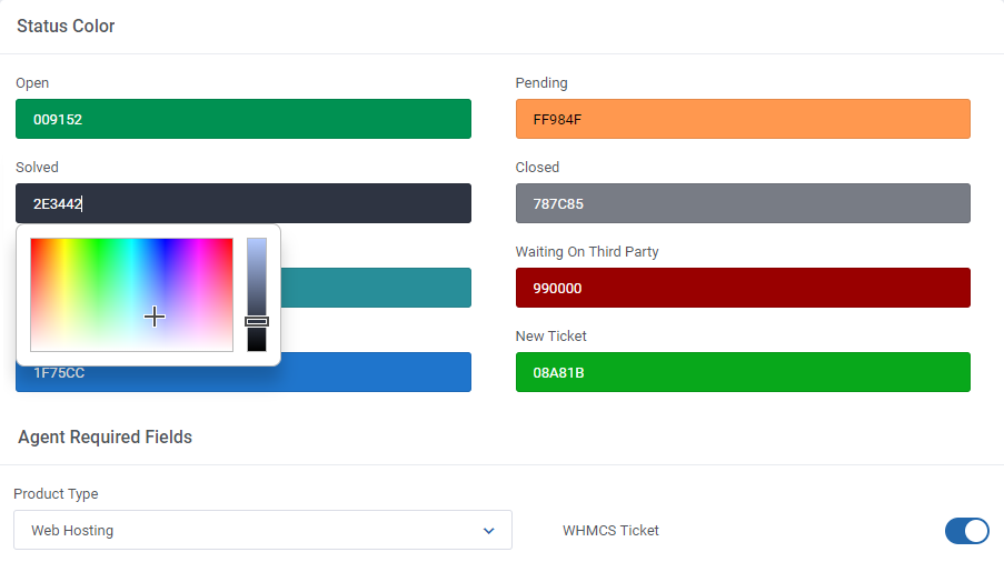 Freshdesk For WHMCS: the Status Color section of the Tickets settings with a color picker open for the Solved status