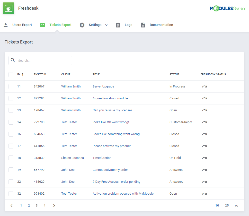 Freshdesk For WHMCS: Tickets Export list with WHMCS tickets, their titles, statuses and Freshdesk status icons
