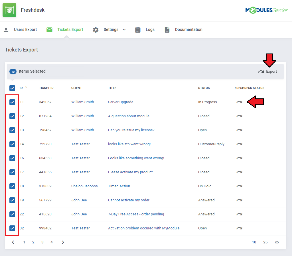 Freshdesk For WHMCS: Tickets Export list with all tickets selected and the Export button marked with an arrow
