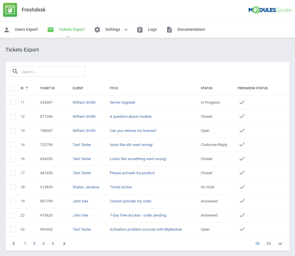 Freshdesk For WHMCS: Tickets Export list where the Freshdesk Status column shows check marks for exported tickets