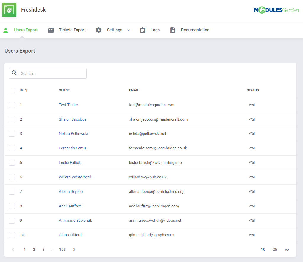 Freshdesk For WHMCS: Users Export list in the module with WHMCS clients, emails and export status icons