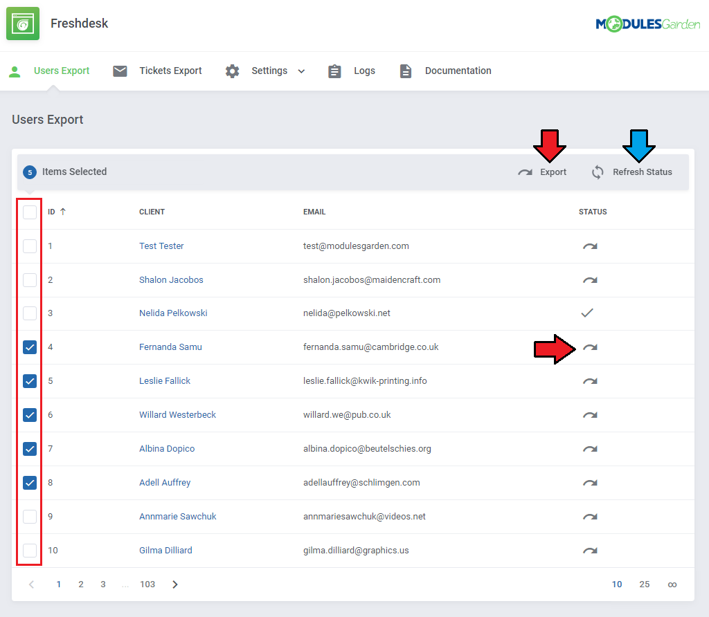 Freshdesk For WHMCS: Users Export list with selected clients, the Export and Refresh Status buttons marked with arrows