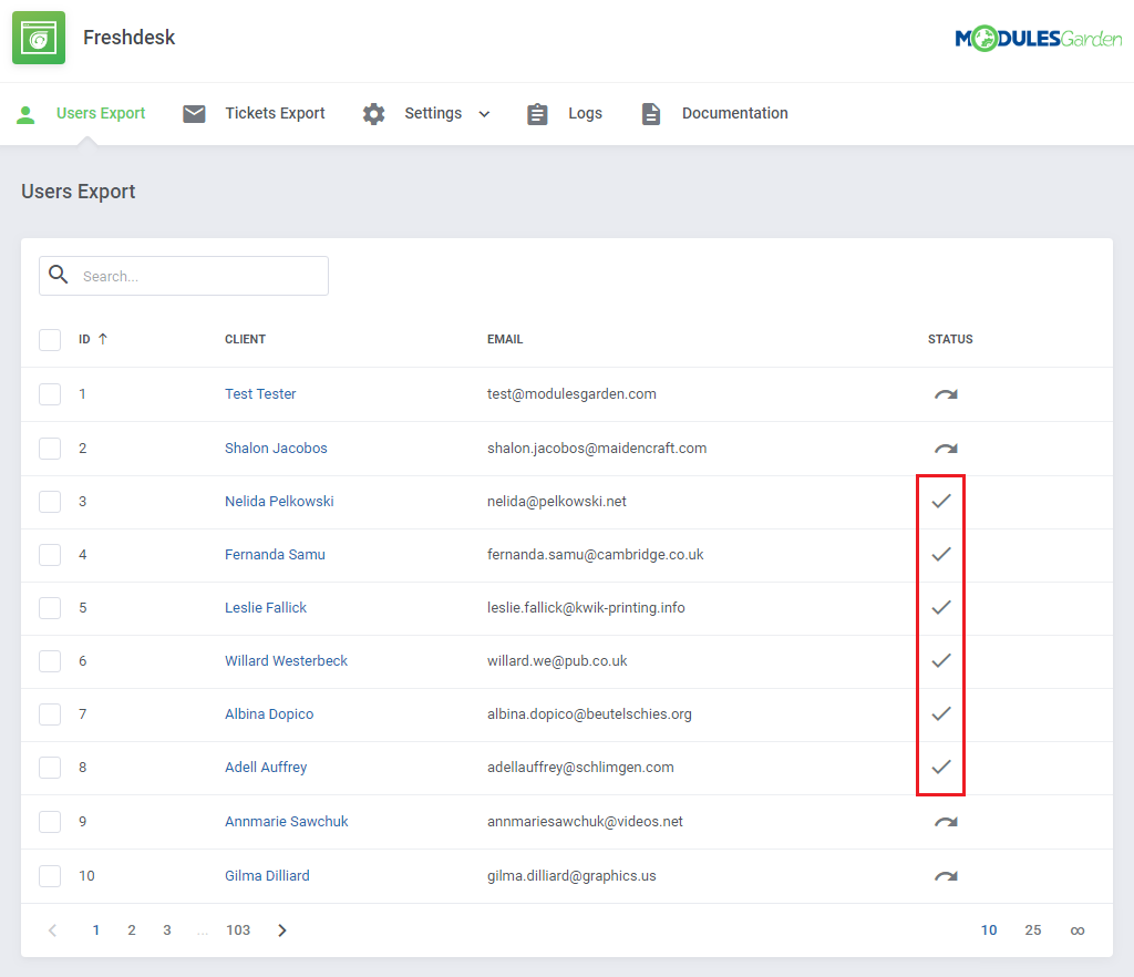 Freshdesk For WHMCS: Users Export list where exported clients show a check mark in the Status column