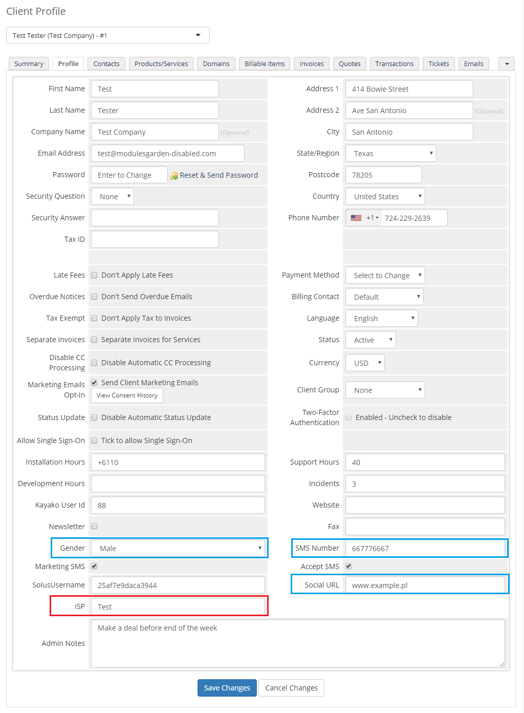 Freshdesk For WHMCS: WHMCS admin client profile with required ISP field marked red and optional fields marked blue