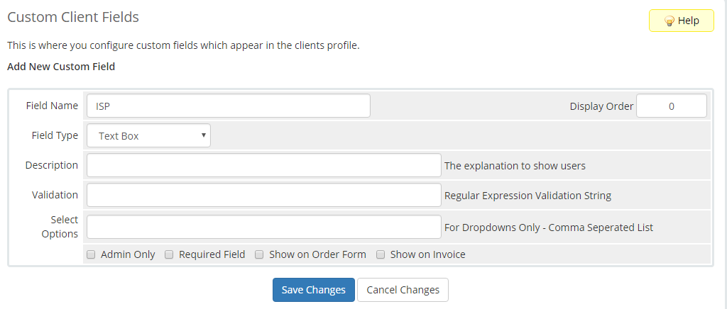 Freshdesk For WHMCS: the WHMCS Custom Client Fields page with the Add New Custom Field form filled with the name ISP
