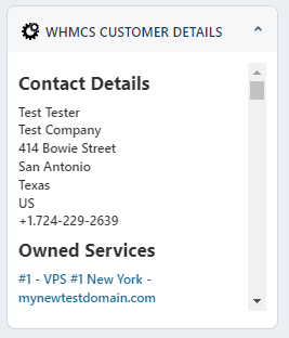 Freshdesk For WHMCS: the WHMCS Customer Details widget panel in Freshdesk showing contact details and owned services