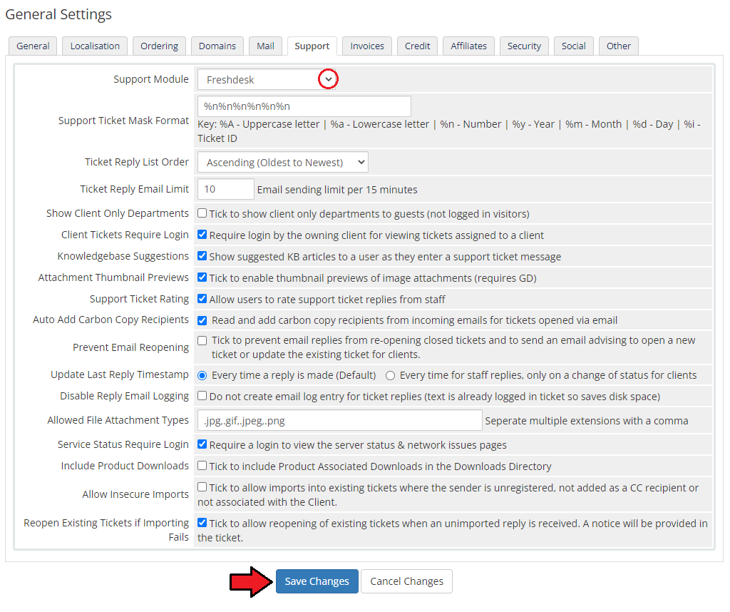 Freshdesk For WHMCS: the WHMCS General Settings Support tab with Freshdesk chosen as the Support Module