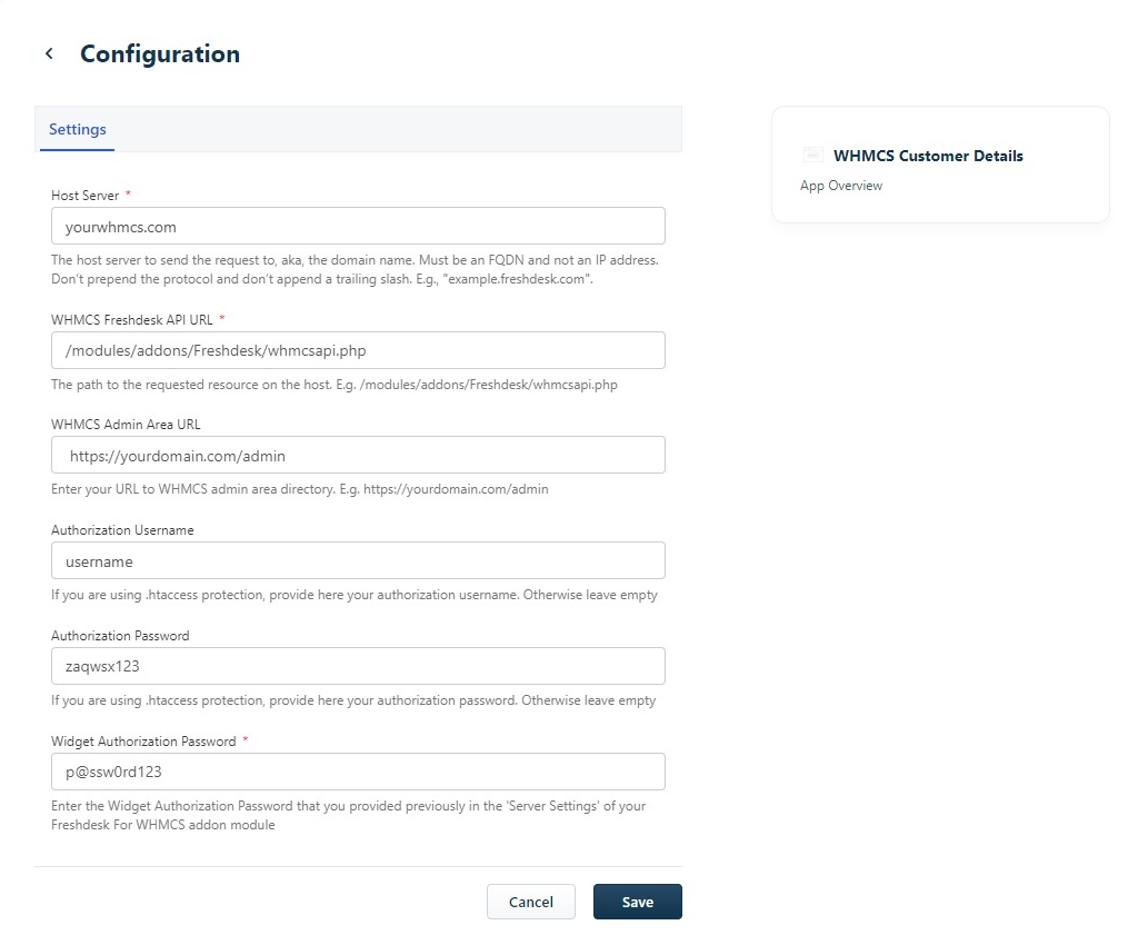 Freshdesk For WHMCS: the widget app Configuration form with host server, API URL, admin URL and authorization password