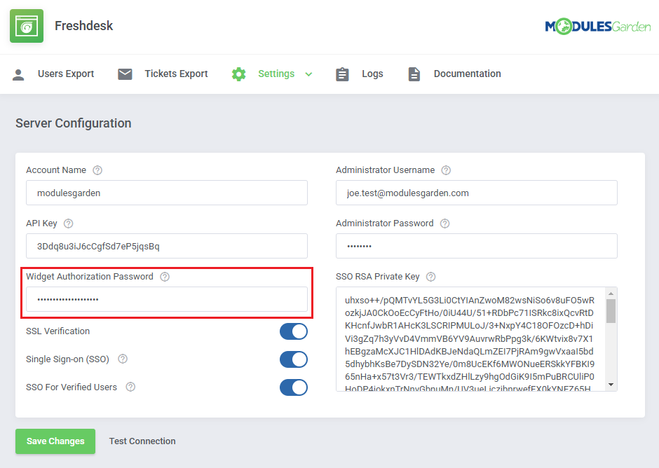 Freshdesk For WHMCS: the Server Configuration form with the Widget Authorization Password field highlighted